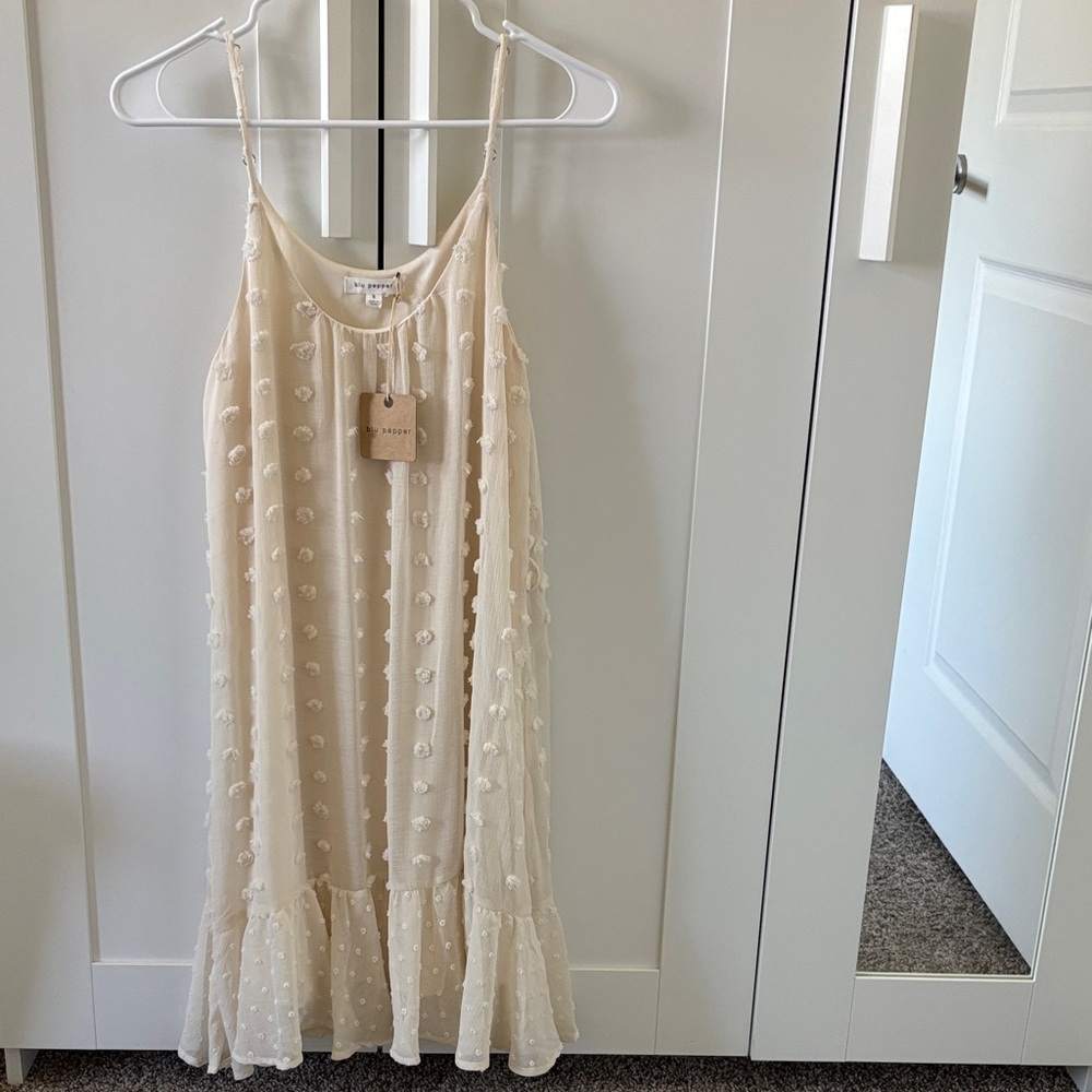 Boho Festival Cream Textured Spaghetti-Strap Ruffle Hem Dress Size S